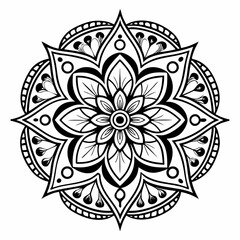 Ornate floral mandala illustration is perfect for coloring pages and stress relief with beautiful symmetric linework.