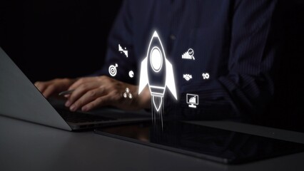 Startup launch and business growth concept, rocket symbolism, entrepreneurship, startup innovation,...