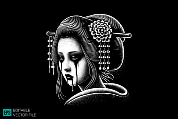 japanese mythology girls scary creepy style tattoo dark art illustration vector black and white background templates