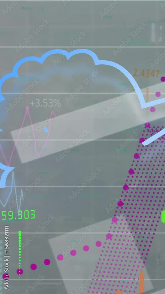 Poster animation of ai data processing and icons over statistics