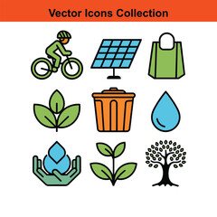 Vector art of a collection of colorful vector icons representing ecology and sustainability
