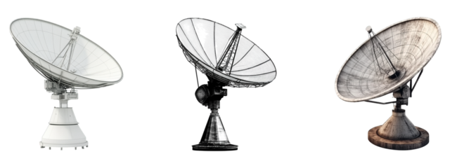 Set of satellite dishes isolated on a transparent background, png, cutout