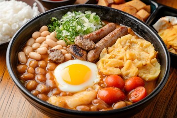A full English breakfast halal with beef sausages eggs baked beans grilled tomatoes and hash browns shot at table level