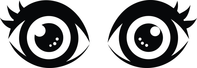 Pair of stylized anime eyes illustration, black and white vector graphic