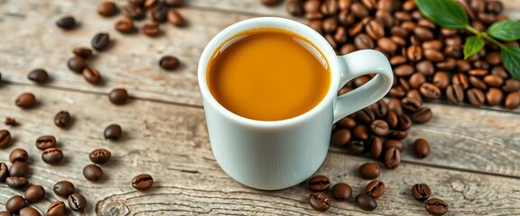 Creamy espresso in a cup, coffee beans scattered on rustic wood Ample copy space,  flat lay,  rustic