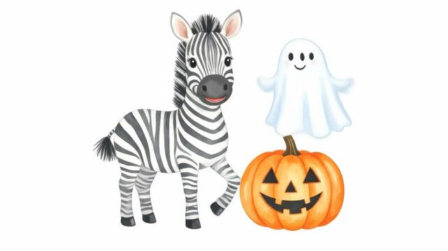 Cute Zebra, Ghost, and Jack-o'-lantern for Halloween - An adorable watercolor illustration featuring a smiling zebra, a friendly ghost, and a carved jack-o'-lantern pumpkin.
