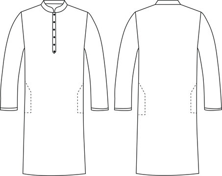 Men&rsquo;s Long Kurta with Round Neck and Button Placket | Technical Fashion Illustration | Flat Apparel Template CAD | Front and Back Views