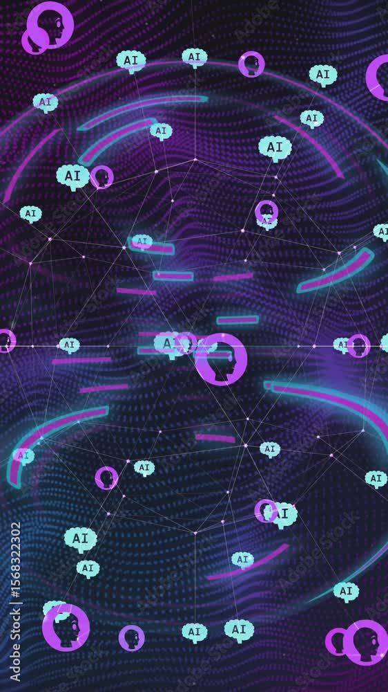 Poster animation of ai data processing, chat icons and network of connections on light trails