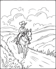 Obraz premium Horse with cowboy walking on road coloring page for kids, black line art vector illustration on white background 