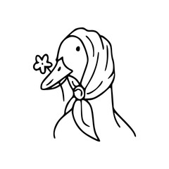 sweet goose with scarf and flower in beak line art