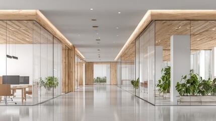 Obraz premium Modern, minimalist office hallway with glass partitions and light wood accents