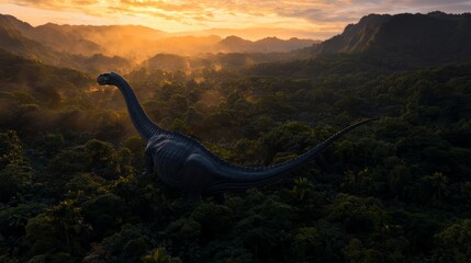 Obraz premium Large dinosaur is walking through a lush green forest. The scene is serene and peaceful, with the sun shining through the trees and casting a warm glow on the landscape