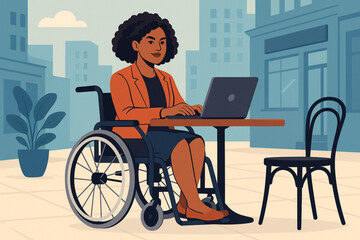 Illustration of Confident Woman in Wheelchair Working on Laptop at Café in Urban Setting