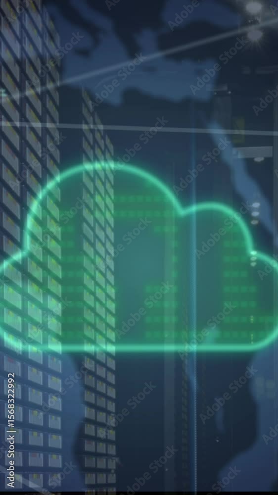 Poster animation of cloud, network of connections, data processing over map of world and server room