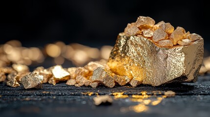 Large gold rock sits on a dark surface. The rock is surrounded by smaller gold rocks, creating a sense of abundance and wealth. The scene evokes a feeling of luxury and opulence