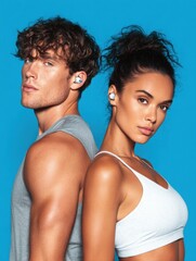 Athletic man and woman wear wireless earbuds, standing back-to-back against a vibrant blue backdrop.