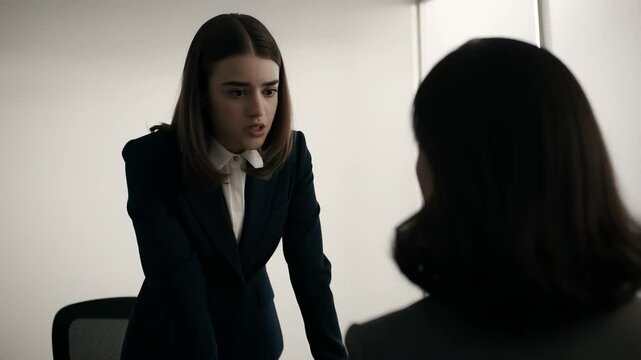 Young White woman showing frustration while discussing with coworker in formal office setting - neutral tones and emotional tension - conflict and miscommunication