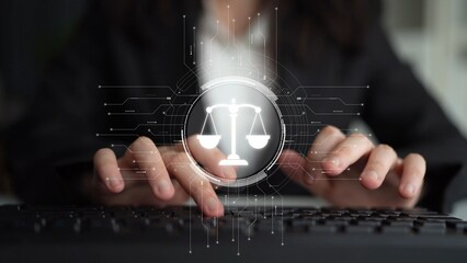 Futuristic digital law interface displaying justice scale, highlighting digital law, AI compliance,...