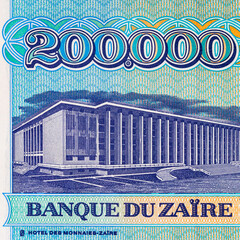 200000 Zaires, Zaire, 1992 with the image of the hotel des monnaies in Zaire. Vintage paper money...