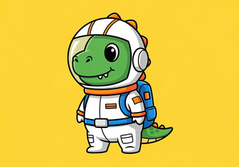 A friendly cartoon dinosaur in a white astronaut suit with a helmet and blue backpack stands on a bright yellow background, ready for adventure.