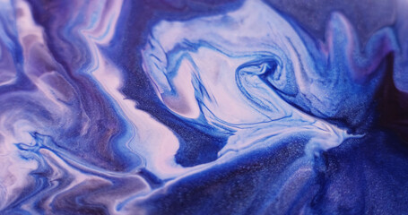 Shimmer wave. Water particles. Blur blue purple color ink in ripple substance acrylic fluid flowing...