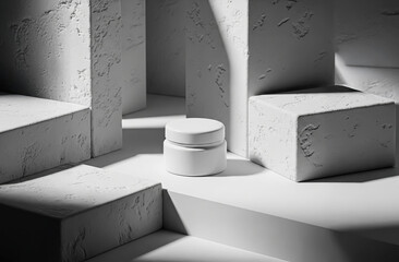 White Cosmetic Jar on a Sculptural, Brutalist Pedestal. An Architectural Mockup for Premium Skincare with a Focus on Texture and Form.