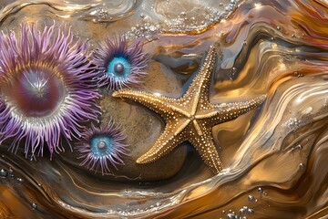 A baby starfish resting on a smooth rock in a tidal pool, surrounded by colorful sea anemones and softly rippling water.