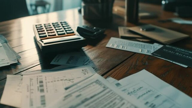 Financial documents and calculator scattered on a wooden table showing expenses
