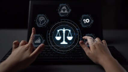Futuristic digital law interface displaying justice scale, highlighting digital law, AI compliance,...