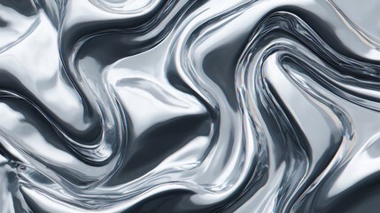 Abstract metallic silver fluid background with wavy and shiny reflective surface texture