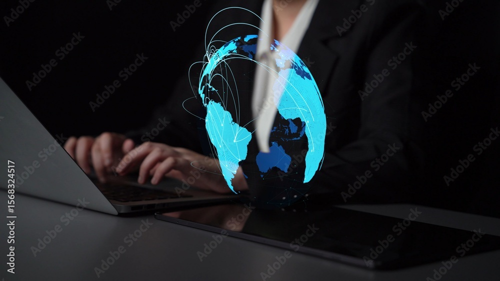 Poster global network connection visualization showing data exchange, digital link, worldwide communication