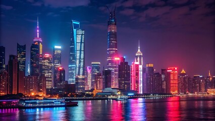 Obraz premium Vibrant neon city skyline at night with water reflection with glowing isolated on white background. AI GENERATED.