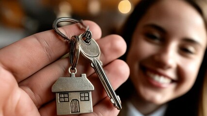 Close-up of house keys with home-shaped keychain held by young Caucasian couple — cinematic real estate video for property ads, new homeowners, or mortgage services, with copy space on right - Powered by Adobe