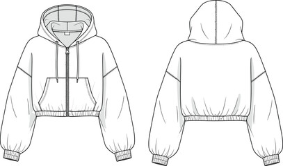 Trendy cropped hoodie sweatshirt fashion flat sketch, women’s long sleeve zip up hooded top, casual streetwear garment technical drawing illustration