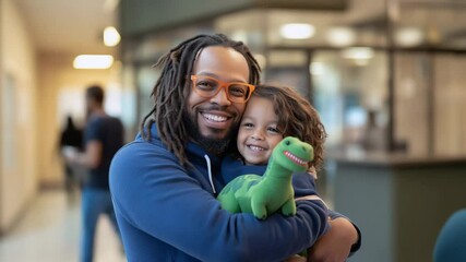 Smiling Black father comforting child in clinic waiting area with plush dinosaur toy — emotional video for family healthcare promos, pediatric clinics, or hospital content, with copy space on right