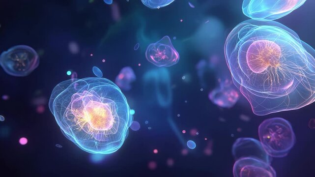 Floating translucent jellyfish in glowing neon light on dark ocean background &mdash; futuristic scientific animation video for biology education, underwater themes, or tech branding