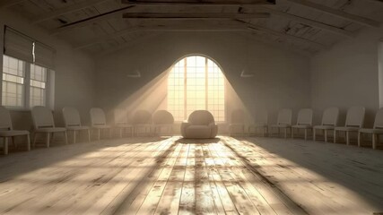 Light rays falling on single empty chair in therapy circle in soft sepia tones, emotional mental health video for awareness campaigns, healthcare visuals, and intros, with copy space in center