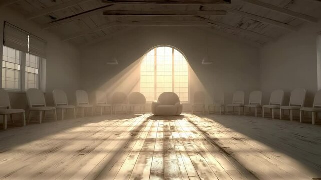 Light rays falling on single empty chair in therapy circle in soft sepia tones, emotional mental health video for awareness campaigns, healthcare visuals, and intros, with copy space in center