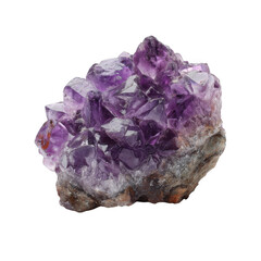 A cluster of vibrant purple amethyst crystals on a rough stone base isolated on transparent background