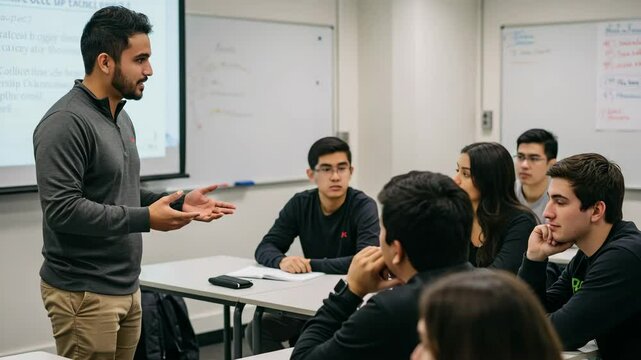 Male teacher speaking to students in classroom during lecture  