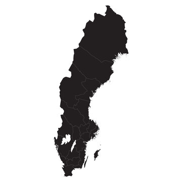black silhouette map of sweden with internal region borders isolated on white background, vector outline