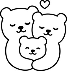 Cute cartoon bear mom and dad hugging baby cub, sweet family drawing. Simple vector clipart illustration, kawaii black and white line art.