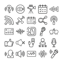Collection of Podcast and Media Related Line Icons on White