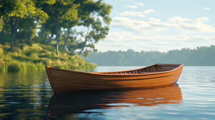 Obraz premium Wooden rowboat floating peacefully on a serene lake surrounded by lush greenery in bright daylight