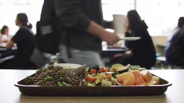 Vegetarian lunch, healthy, eating in a school cafeteria, with students in the background