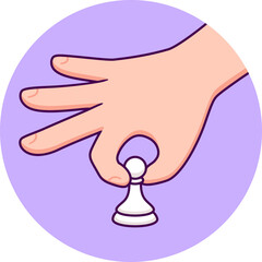 Cartoon hand moving white chess pawn, playing chess icon. Vector clip art illustration.