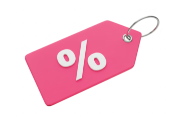 Pink tag with percent symbol isolated on transparent background