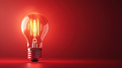 Bright glowing incandescent light bulb with filament illuminated on reflective red surface with warm background