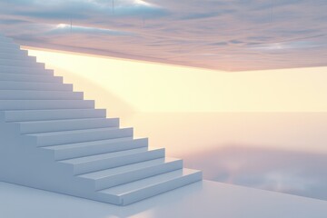 Serene Abstract White Staircase Interior, Pastel Sky, Modern Minimalist Design