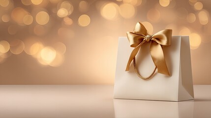 Cream-colored shopping bag with gold ribbon bow, soft bokeh background